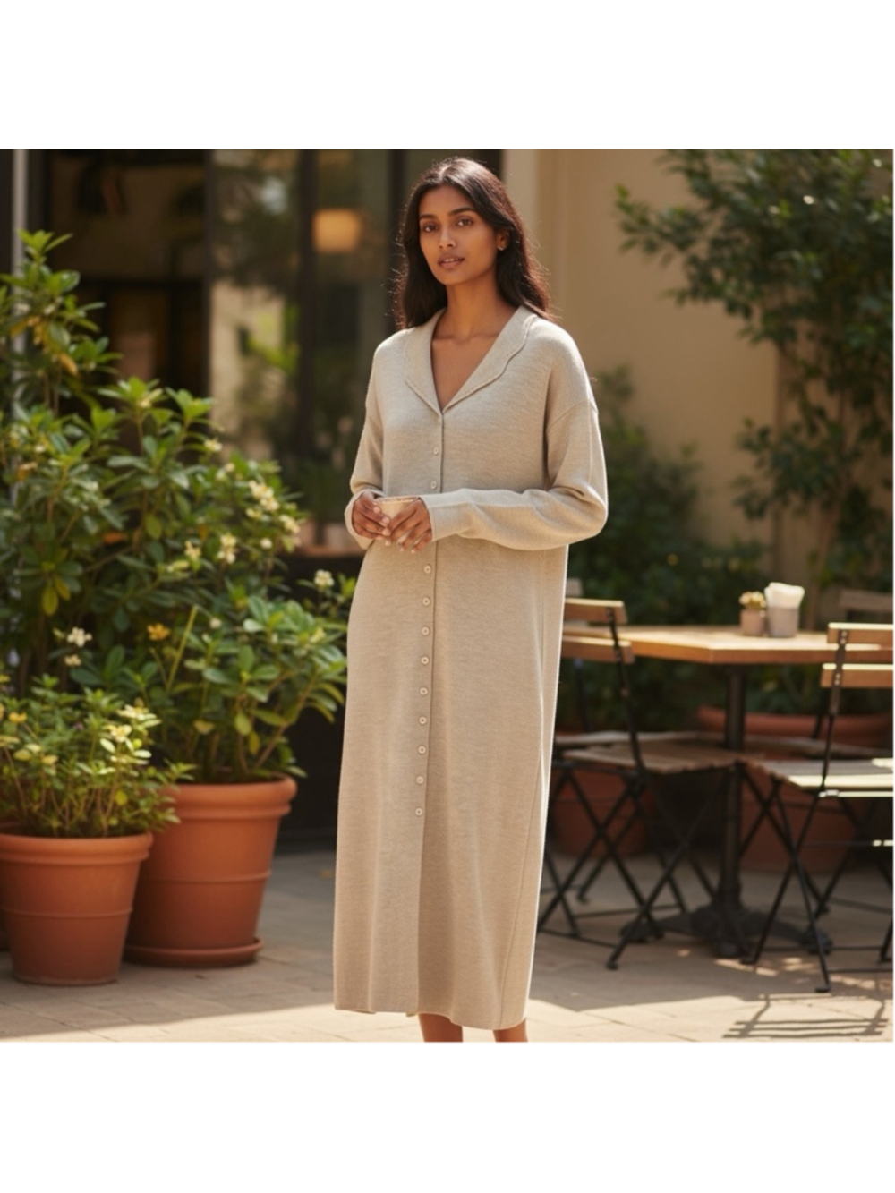 Vintage Tan Button Front Maxi Sweater Dress Size L - Picture 1 of 5